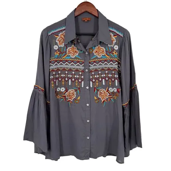 Scully Gray Blouse with Elegant Embroidery - Picture 1 of 9